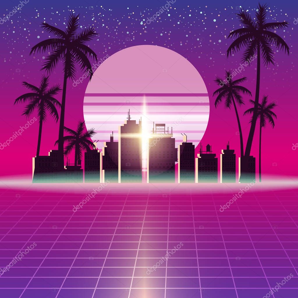 Synthwave Retro Futuristic Landscape With City