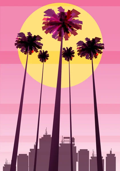 Nyári szép naplemente hátterek palms fák városkép, horison ég. Vektoros illusztráció, elszigetelt, sablon, baner, kártya, poszter — Stock Vector