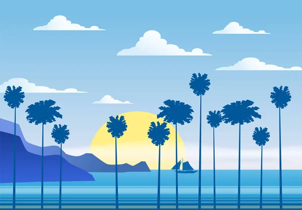 Zomer zonnige achtergronden van tropische zeegezicht met palmbomen aan zee, mountanes sky horison, zonsondergang. Vectorillustratie, geïsoleerd, sjabloon — Stockvector