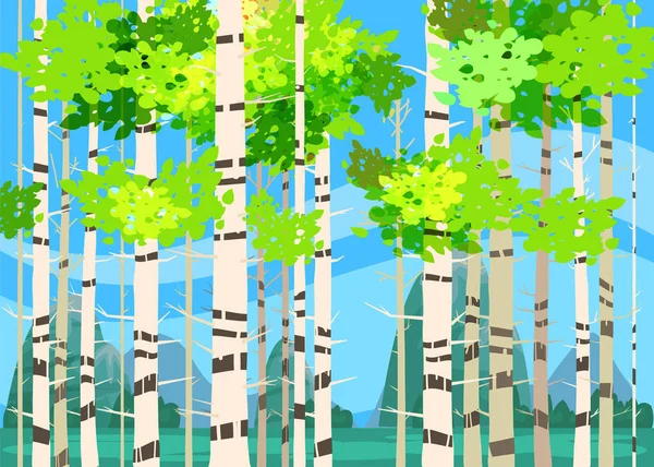 Güzel bahar orman ağaçları, yeşil yapraklar, peyzaj, çalılar, Mayo, siluetleri ufuk. Vektör karikatür tarzı çizim şablonu baner poster izole — Stok Vektör