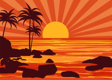 Yaz güzel günbatımı arka mountaines taşlar beach, Güneş, palmiye ağaçları, gökyüzü, horison ile sahil sahil. Vektör çizim, izole, şablon, baner, kart, poster