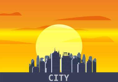 Şehir megapolis günbatımı, cityscape, akşam, manzarası, gökdelenlerin siluetleri. Vektör, illüstrasyon, izole, arka plan, şablon, afiş