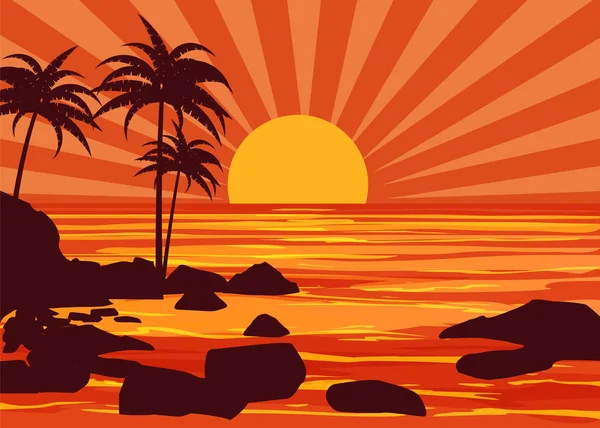 Estate bellissimi sfondi tramonto costa lungomare con montagne pietre spiaggia, sole, palme, cielo, horison. illustrazione vettoriale, isolato, modello, baner, carta, manifesto — Vettoriale Stock