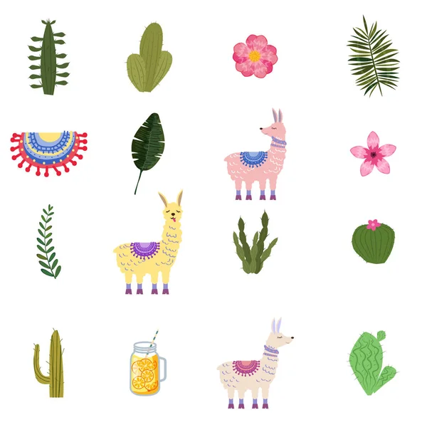 Instellen van Lama Alpaca cactussen drankjes en decoratief. Collectie grappige elementen voor decoratie, vector, illustratie, geïsoleerde, leuke stijl — Stockvector