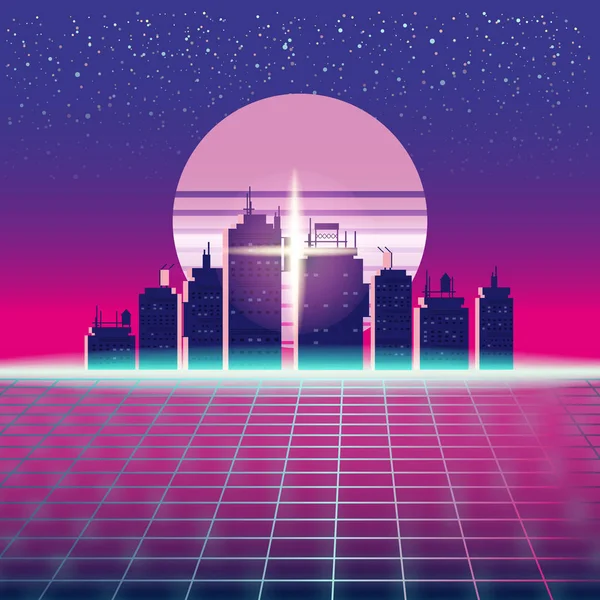 Synthwave Retro Futuristic Landscape With City, Sun, Stars And Styled Laser Grid (en inglés). Neon Retrowave Design And Elements Sci-fi 80s 90s Space (en inglés). Plantilla de ilustración vectorial Fondo aislado — Archivo Imágenes Vectoriales