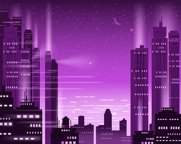 Cityscape Μητρόπολη νυχτερινά φώτα της μια μεγάλη πόλη, φωτεινές νέον, ουρανοξύστες, στο κέντρο της πόλης, στον ορίζοντα, σιλουέτες των κτιρίων. Διάνυσμα, εικονογράφηση, απομονωμένες, φόντο, πρότυπο, banner — Διανυσματικό Αρχείο