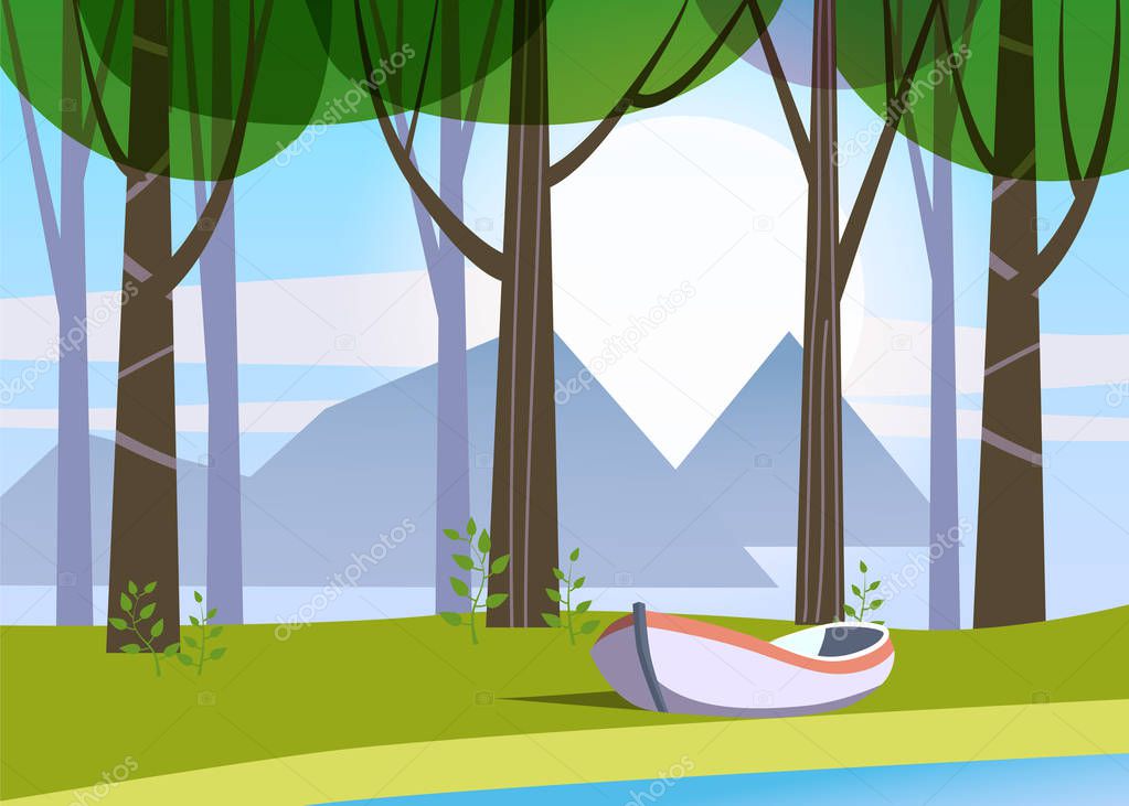 Beautiful Spring forest trees, green foliage, landscape, bushes, silhouettes of trunks, horizon. Boat lake. Vector minimal style illustration template baner poster isolated