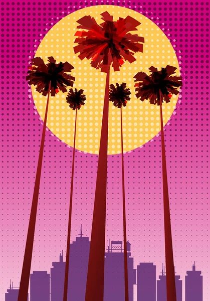 Mooie zonsondergang achtergronden van de zomer met palmen bomen stadsgezicht, sky horison stippen patroon. Vectorillustratie, geïsoleerd, sjabloon, baner, kaart, poster — Stockvector