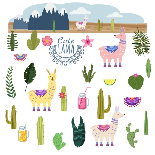 Set Lama Alpaca boissons cactus et décoratif. Collection éléments drôles pour la décoration, vectoriel, illustration, isolé, style mignon — Image vectorielle