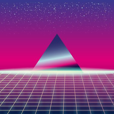 Synthwave Retro Futuristic Landscape With Pyramids And Styled Laser Grid. Neon Retrowave Design And Elements Sci-fi 80s 90s Space. Vector Illustration Template Isolated Background clipart