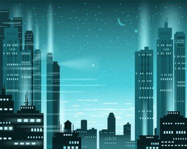 Büyük bir şehir, ışıklı neon, gökdelenler, şehir merkezinde, manzarası, siluetleri Bina Cityscape metropolis gece ışıkları. Vektör, illüstrasyon, izole, arka plan, şablon, afiş