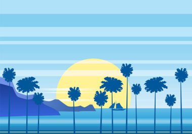 Avuç içi deniz, mountanes gökyüzü horison, gün batımı ile yaz güneşli tropikal arka deniz. Vektör çizim, izole, şablon