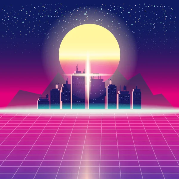 Synthwave Retro Futuristic Landscape With City, Sun, Stars And Styled Laser Grid. Neon Retrowave Design And Elements Sci-fi 80s 90s Space. Vector Illustration Template Isolated Background — Stock Vector