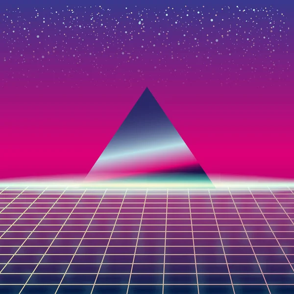 Synthwave Retro futuristisk landskap med pyramiderna och stylade Laser rutnät. Neon Retrowave Design och element Sci-fi 80s 90s utrymme. Vektor Illustration mall isolerade bakgrund — Stock vektor