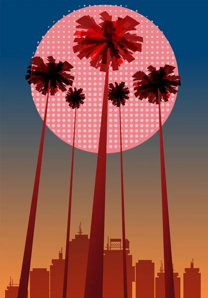 Été beatiful fonds de coucher de soleil avec des palmiers paysage urbain, ciel motif de points horison. Illustration vectorielle, isolée, modèle, bannière, carte, affiche — Image vectorielle