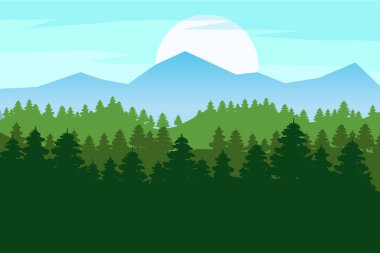 Bahar güzel manzara, orman, ağaç, yeşil yapraklar rengini siluetleri. Panorama, ufuk, doğa. Vektör çizim, karikatür tarzı, izole, afiş, şablon, poster, kart