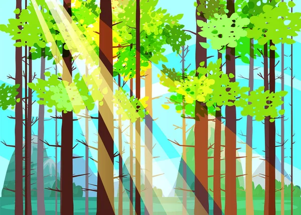 Belas árvores de floresta de primavera, folhagem verde, paisagem, arbustos, silhuetas de troncos, horizonte. Raios de luz solar. Vector desenho animado estilo ilustração modelo baner cartaz isolado —  Vetores de Stock