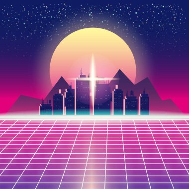 Synthwave Retro futuristik yatay, şehir, Güneş, yıldızlar ve tarz lazer kılavuz. Neon Retrowave tasarım ve unsurları bilim-kurgu 80s 90s alanı. Vektör çizim şablonu izole arka plan