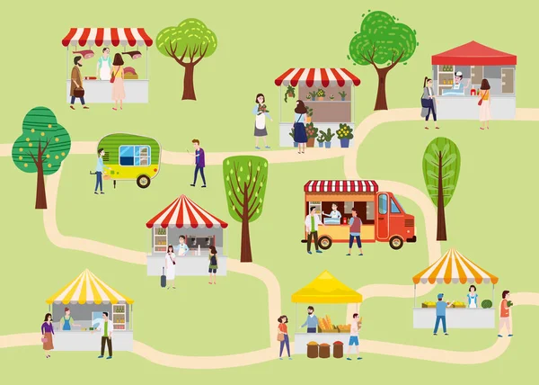 Outdoor street food festival met mensen lopen tussen bestelwagens of Traiteurs, luifel, het kopen van maaltijden, eten en drinken, nemen selfie, met elkaar praten. Template, flyer, baner, uitnodiging, kaart — Stockvector