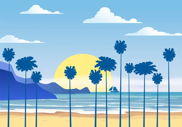 Verano soleado fondos tropicales paisaje marino con palmeras a orillas del mar, montañas de playa horison cielo, puesta de sol. Ilustración vectorial, aislado, plantilla — Archivo Imágenes Vectoriales