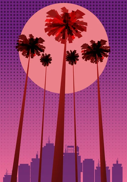 Summer beatiful sunset backgrounds with palms trees cityscape, sky horison dots pattern. Vector illustration, isolated, template, baner, card, poster