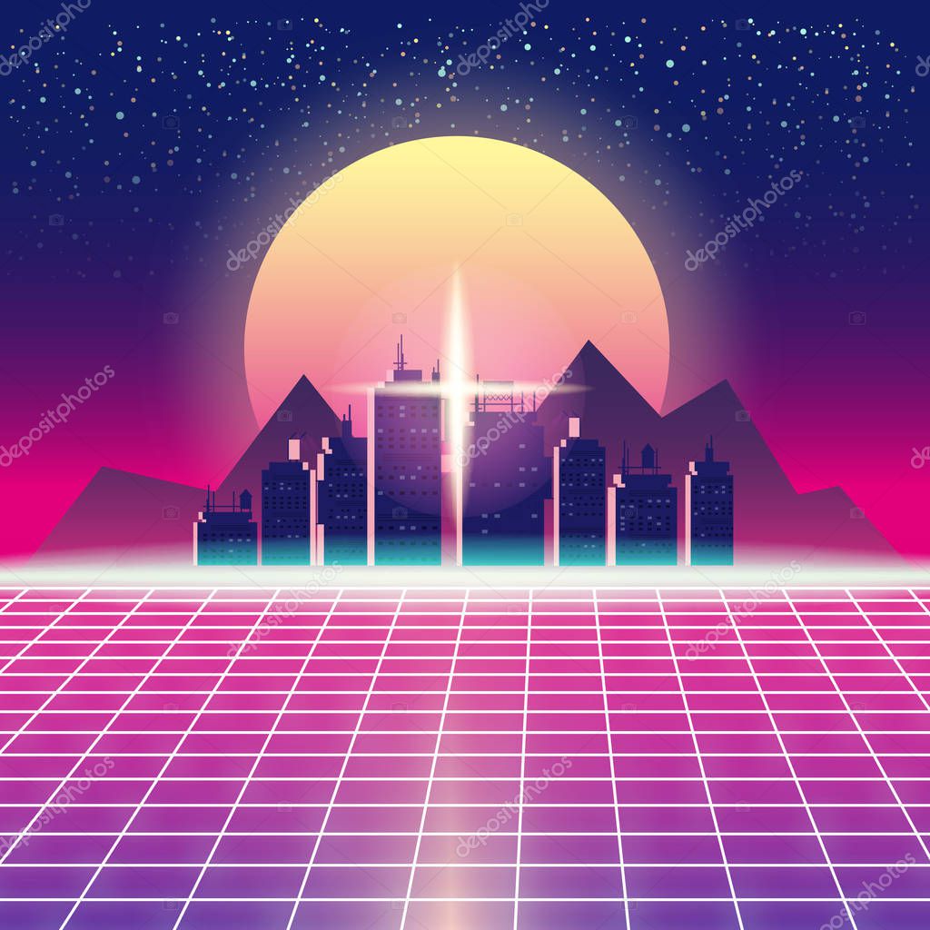Synthwave Retro Futuristic Landscape With City