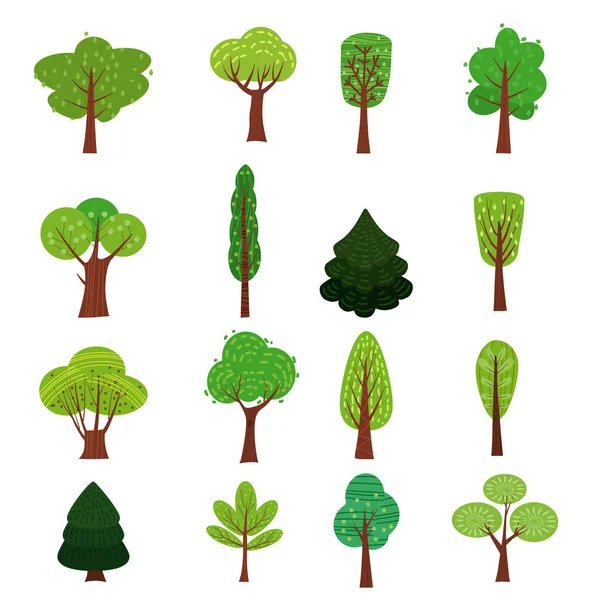 Aantal bomen bos groene kleur gestileerde schattig stijl, verschillende vormen. Vector, illustratie, geïsoleerd, pictogrammen. — Stockvector