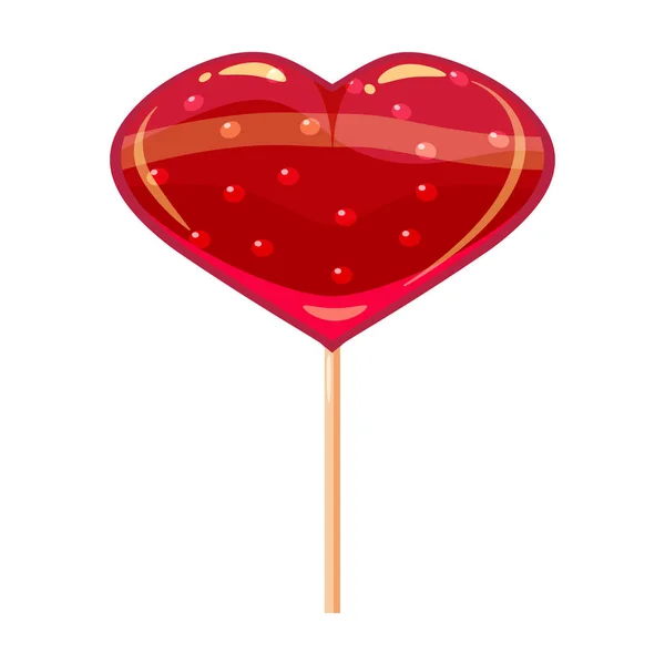 Hartvormige lollipop dessert pictogram op stok. Pictogram voor zoete voedsel. Gedetailleerde lollipop pictogram kan worden gebruikt voor kunst design Valentine s dag. Vector spandoek, poster, flyer, geïsoleerd — Stockvector