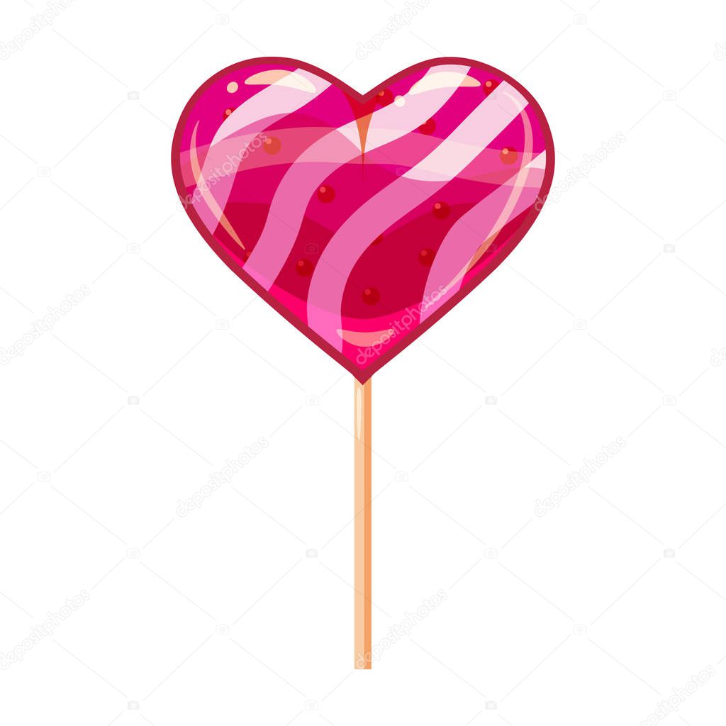 Heart shaped lollipop dessert icon on stick. Sweet food icon