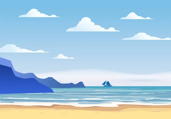 Verano soleado fondos tropicales paisaje marino con playa, montañas playa cielo herradura, puesta de sol. Ilustración vectorial, aislado, plantilla — Vector de stock