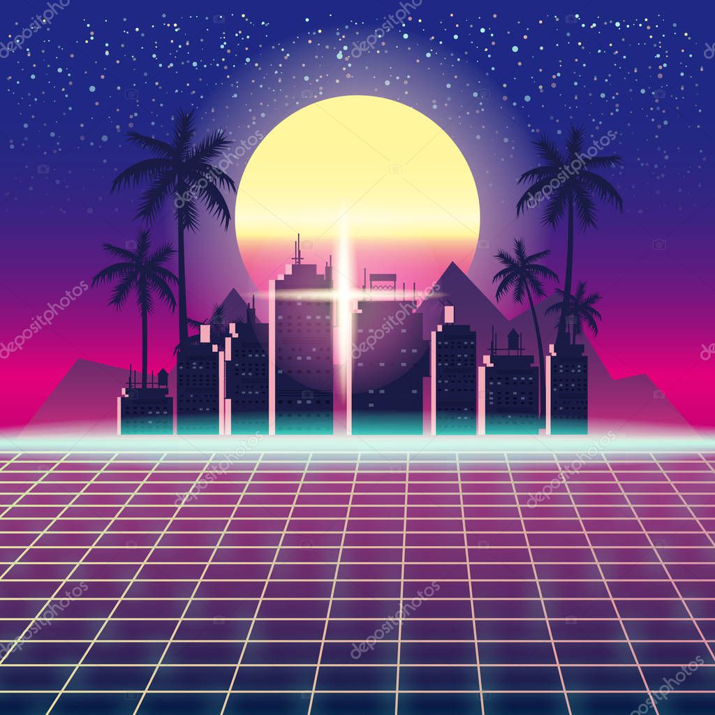 Synthwave Retro Futuristic Landscape With City