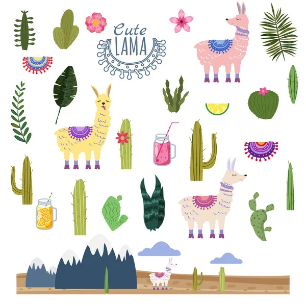 Set Lama Alpaca boissons cactus et décoratif. Collection d'éléments pour la décoration, vectoriel, illustration, isolé, style mignon — Image vectorielle