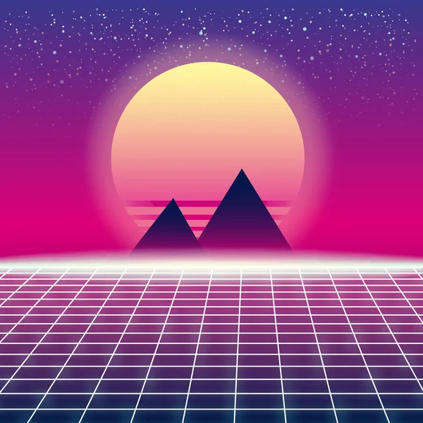 Synthwave Retro futuristisk landskap med pyramiderna solen och stylade Laser rutnät. Neon Retrowave Design och element Sci-fi 80s 90s utrymme. Vektor Illustration mall isolerade bakgrund — Stock vektor