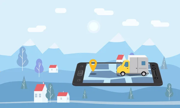 Levering Van Express concept. Het controleren van levering service app op de mobiele telefoon online bijhouden. Snelle levering vrachtwagen op smartphone en stad achtergrond. Vectorillustratie, geïsoleerd, baner, sjabloon — Stockvector