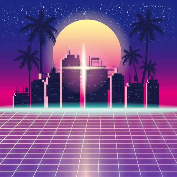 Synthwave Retro Futuristic Landscape With City Palms, Sun, Stars And Styled Laser Grid. Neon Retrowave Design And Elements Sci-fi 80s 90s Space. Vector Illustration Template Isolated Background — Stock Vector