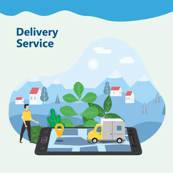 Концепція Delivery Van Express. Перевірка додатку служби доставки на мобільному телефоні онлайн відстеження. Вантажівка швидкої доставки на смартфоні та міському фоні. Векторні ілюстрації, ізольовані, банкір, шаблон — стоковий вектор