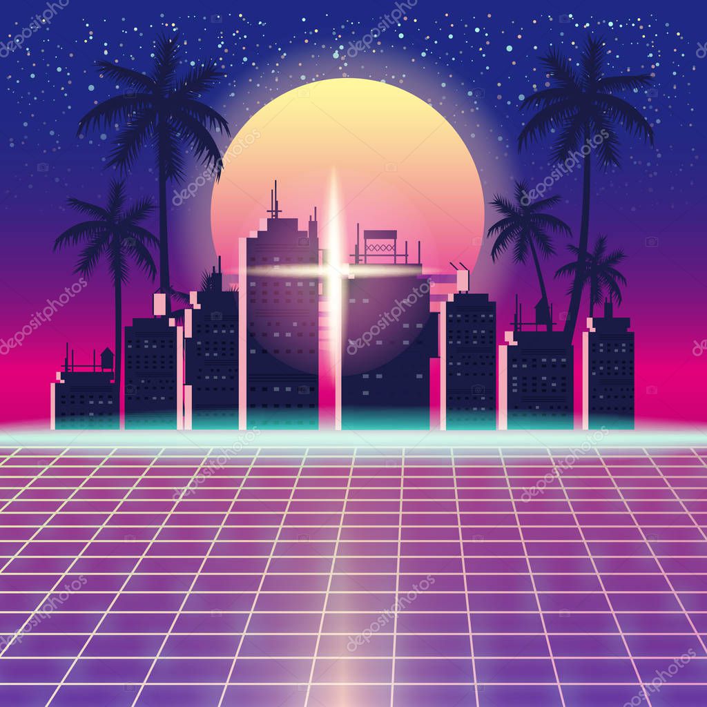 Synthwave Retro Futuristic Landscape With City