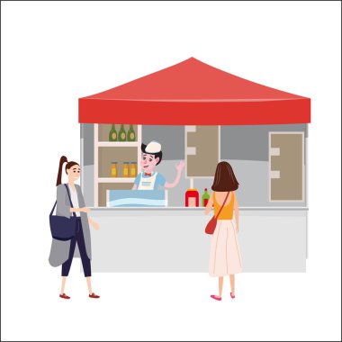 Sokak gıda içecek pazarı kuyruklu gölgelik ve içecekler. Satıcı ve alıcılar. Vektör, illüstrasyon, göl kenarında, afiş, şablon karikatür düz