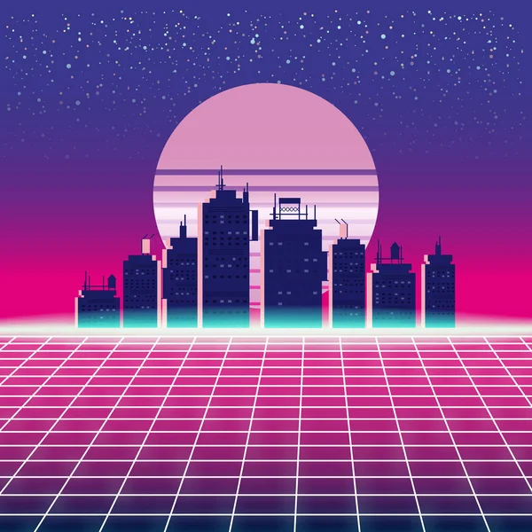 Synthwave Retro Futuristic Landscape With City, Sun, Stars And Styled Laser Grid. Neon Retrowave Design And Elements Sci-fi 80s 90s Space. Vector Illustration Template Isolated Background — Stock Vector