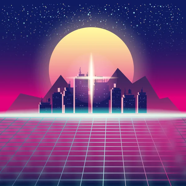 Synthwave Retro futurystyczny krajobraz z miasta, słońce, gwiazdy i stylu laserem siatki. Neon Retrowave Design i elementy Sci-fi 80s 90s przestrzeni. Szablon wektor ilustracja na białym tle — Wektor stockowy