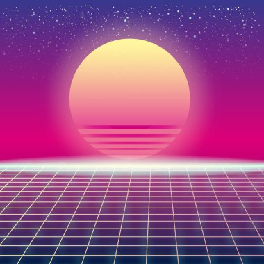 Synthwave Retro futuristik yatay, Güneş ve tarz lazer kılavuz. Neon Retrowave tasarım ve unsurları bilim-kurgu 80s 90s alanı. Vektör çizim şablonu izole arka plan