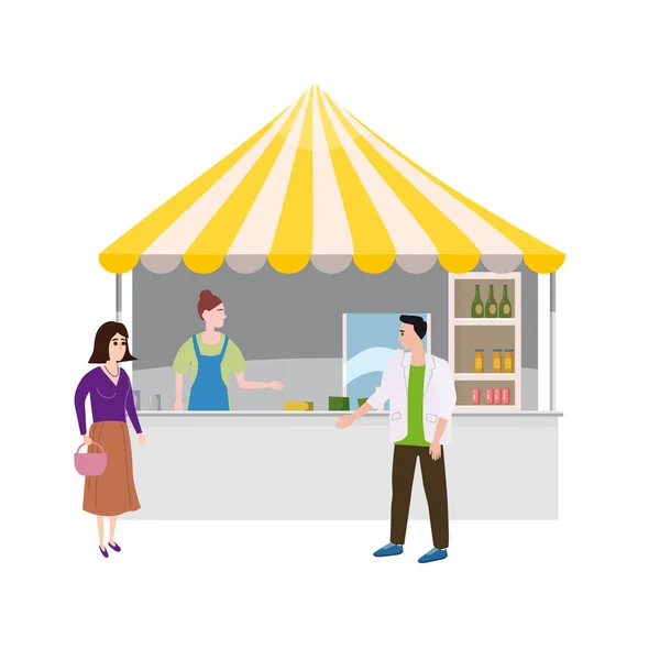 Street food drinks market talls dossel e bebidas. Vendedor e Compradores. Vetor, Ilustração, Isolado, Banner, Template Cartoon flat — Vetor de Stock