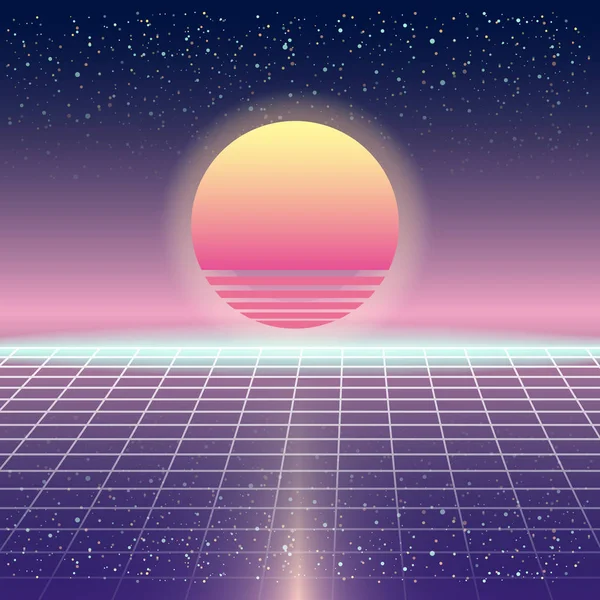 Synthwave ρετρό φουτουριστικό τοπίο με ήλιο και πλέγμα στυλ λέιζερ. Νέον Retrowave σχεδιασμού και Sci-fi στοιχεία 80s 90s χώρο. Vector εικονογράφηση πρότυπο απομονωμένη φόντο — Διανυσματικό Αρχείο