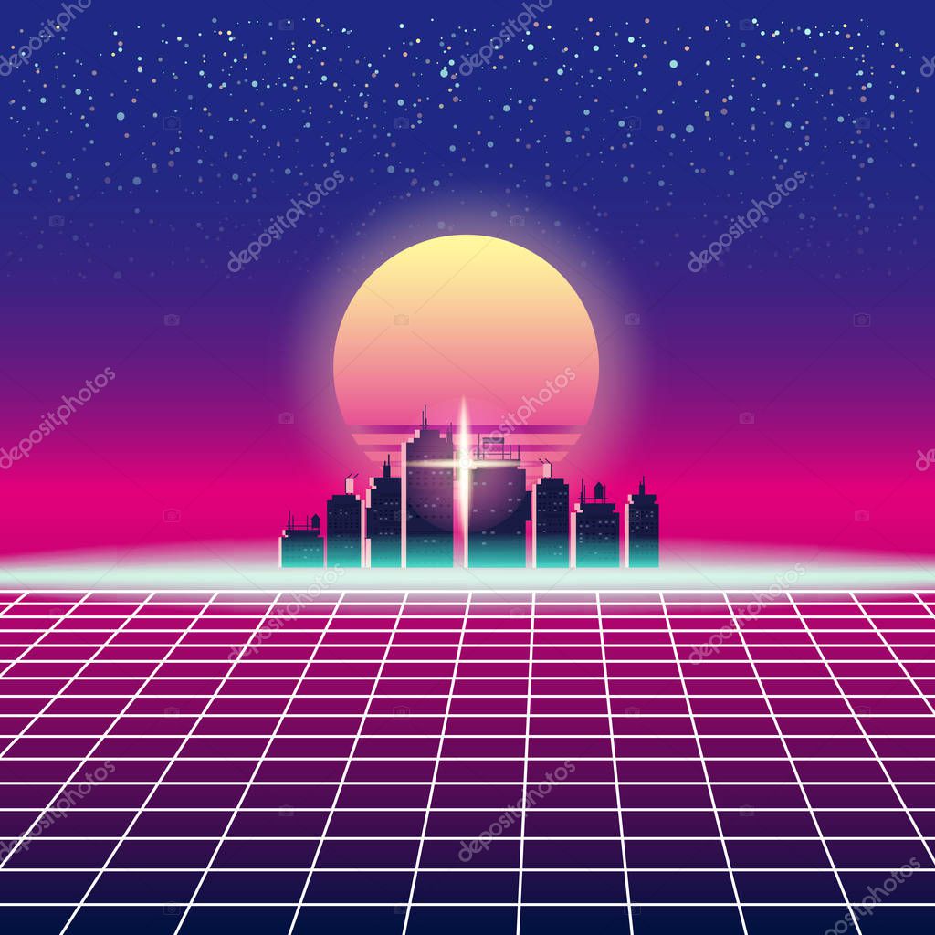 Synthwave Retro Futuristic Landscape With City