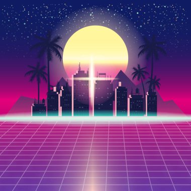 Synthwave Retro futuristik, yatay şehir Palms, Güneş, yıldızlar ve tarz lazer kılavuz. Neon Retrowave tasarım ve unsurları bilim-kurgu 80s 90s alanı. Vektör çizim şablonu izole arka plan