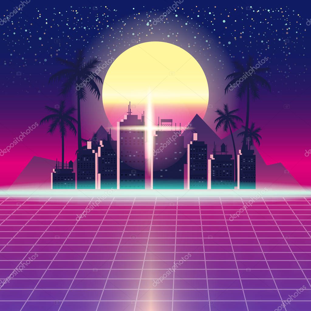 Synthwave Retro Futuristic Landscape With City