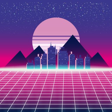 Synthwave Retro futuristik yatay, şehir, Güneş, yıldızlar ve tarz lazer kılavuz. Neon Retrowave tasarım ve unsurları bilim-kurgu 80s 90s alanı. Vektör çizim şablonu izole arka plan
