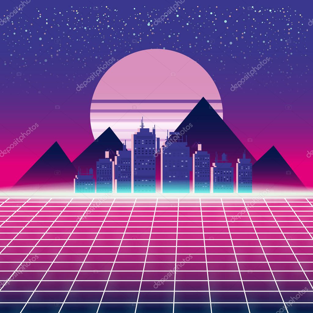 Synthwave Retro Futuristic Landscape With City