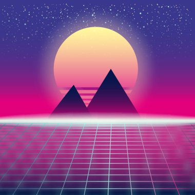 Synthwave Retro futuristik yatay, piramitler güneş ve tarz lazer kılavuz. Neon Retrowave tasarım ve unsurları bilim-kurgu 80s 90s alanı. Vektör çizim şablonu izole arka plan