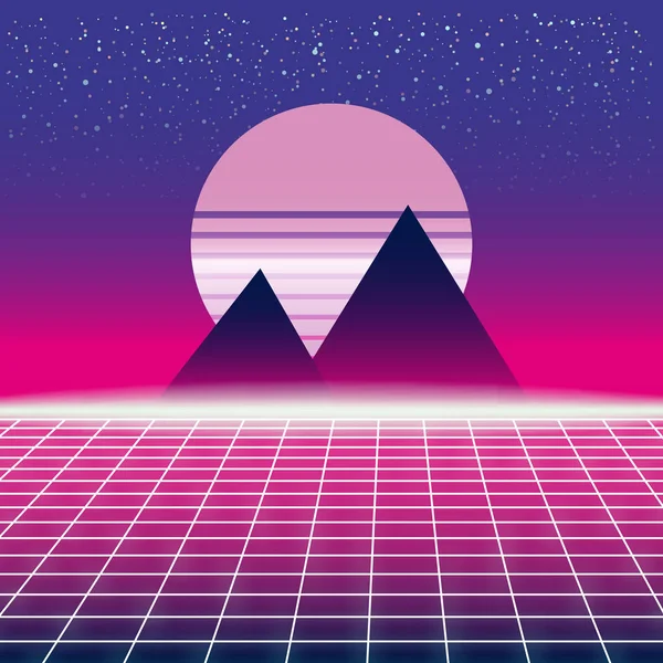 Synthwave Retro futuristické krajiny s pyramidy slunce a stylizovaný Laser mřížky. Neon Retrowave Design a prvky Sci-fi 80s 90s prostor. Vektorové ilustrace šablony izolované pozadí — Stockový vektor